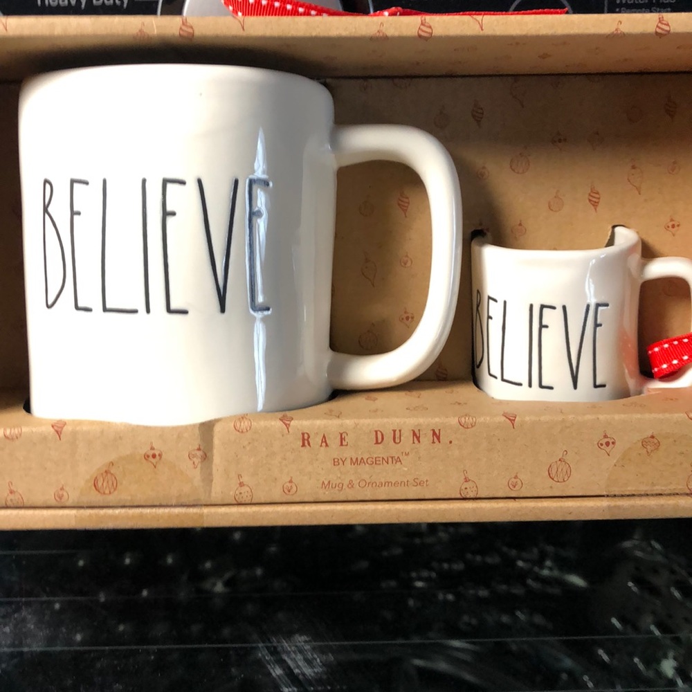 Rae Dunn Believe mug ornament set New